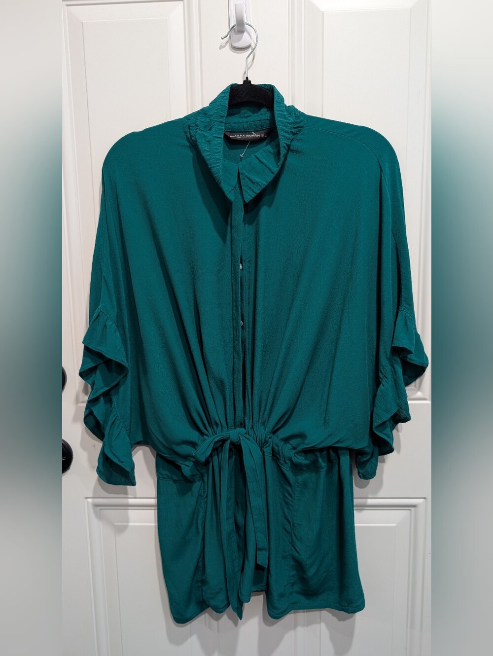 Zara Woman Deep Teal Drawstring Tie-Waist Blouse with Ruffle Sleeves